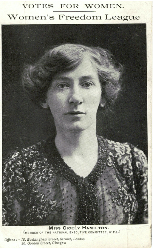 A Women's Freedom League postcard with a portrait of Cicely Hamilton. Cicely is wearing a beaded dress. 'Votes for Women. Women's Freedom League' is written at the top of the postcard above the portrait. 'Miss Cicely Hamilton' and the address of the Women's Freedom League are written below the portrait.