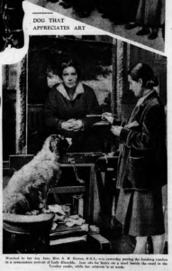 Newspaper of artist Alice Burton finishing a painting, watched by her dog