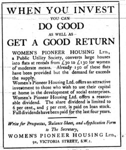 Advert for Women's Pioneer Housing, from Time and Tide
