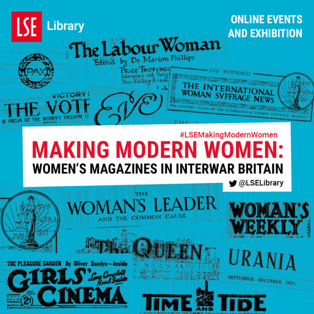 Image showing mastheads of women's magazines in black on a turquoise background, with the exhibition title in red and black on a white box in the middle