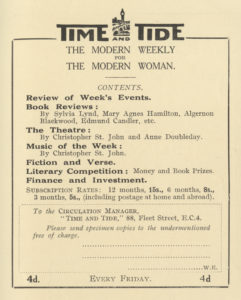 A magazine advert for Time and Tide, listing Time and Tide's contents and subscription rates
