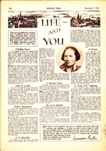 Page from a magazine with three columns of text, a picture of a city (left) and the countryside (right) along the top, and a portrait of a woman with dark hair.