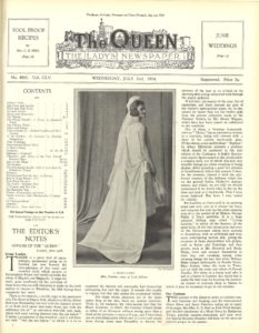 Front page of The Queen magazine, showing columns of text and a photograph of a woman wearing a long white dress