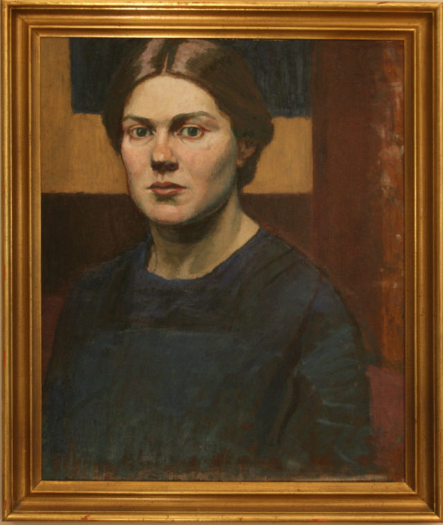 Painted portrait of dark-haired woman wearing a blue dress