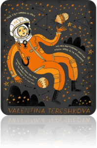 Picture of a female astronaut wearing an orange space suit and white helmet